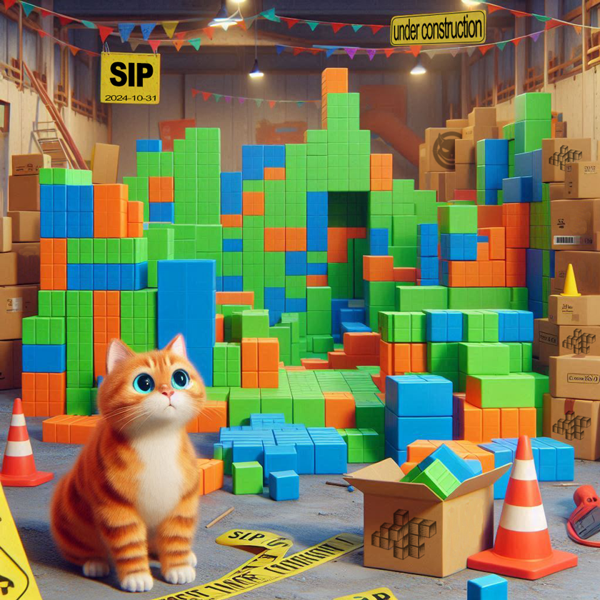 adorable under construction image showing a tabby cat looking bewildered at a room stacked with green blue and orange blocks, representing ideas that aren't yet organized